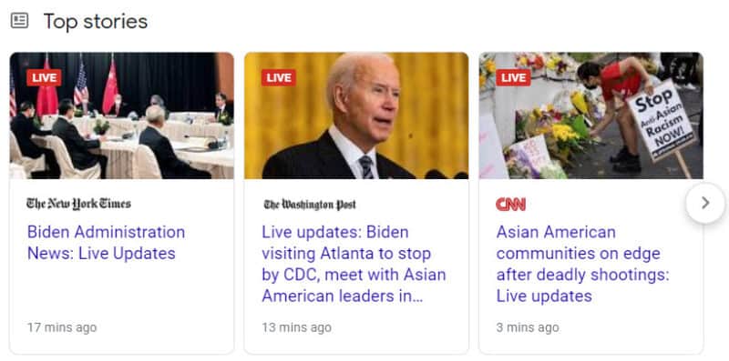 LIVE Top Stories results. All three of the top results are LIVE results.