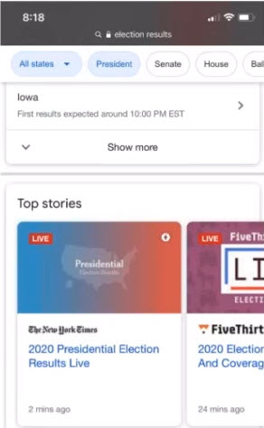 LIVE Top Stories results from New York Times and FiveThirtyEight during the 2020 Election