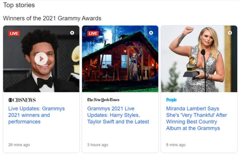 Live blog entries in the Top Stories box for the Grammys 2021