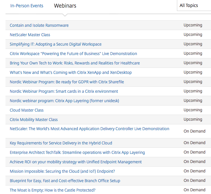 Citrix upcoming webinars for content creation and promotion.