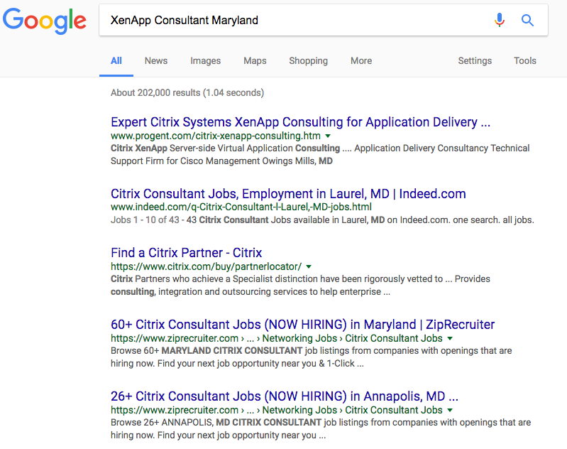 Search result when typing XenApp Consultant Maryland in Google.